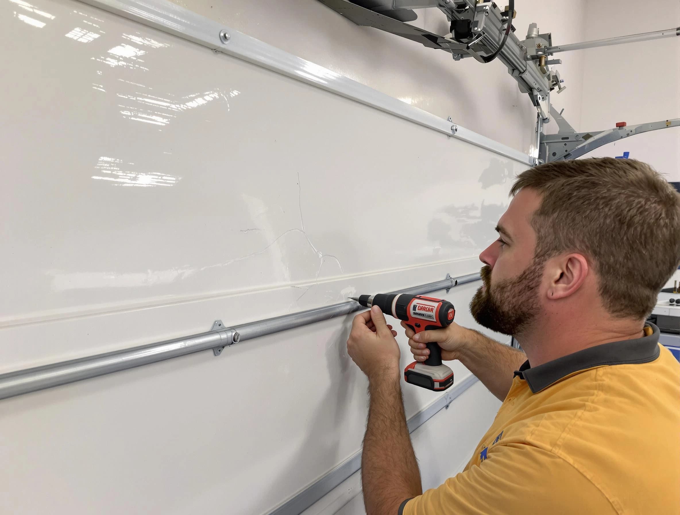 Roseville Garage Door Repair expert performing dent repair on garage door in Roseville