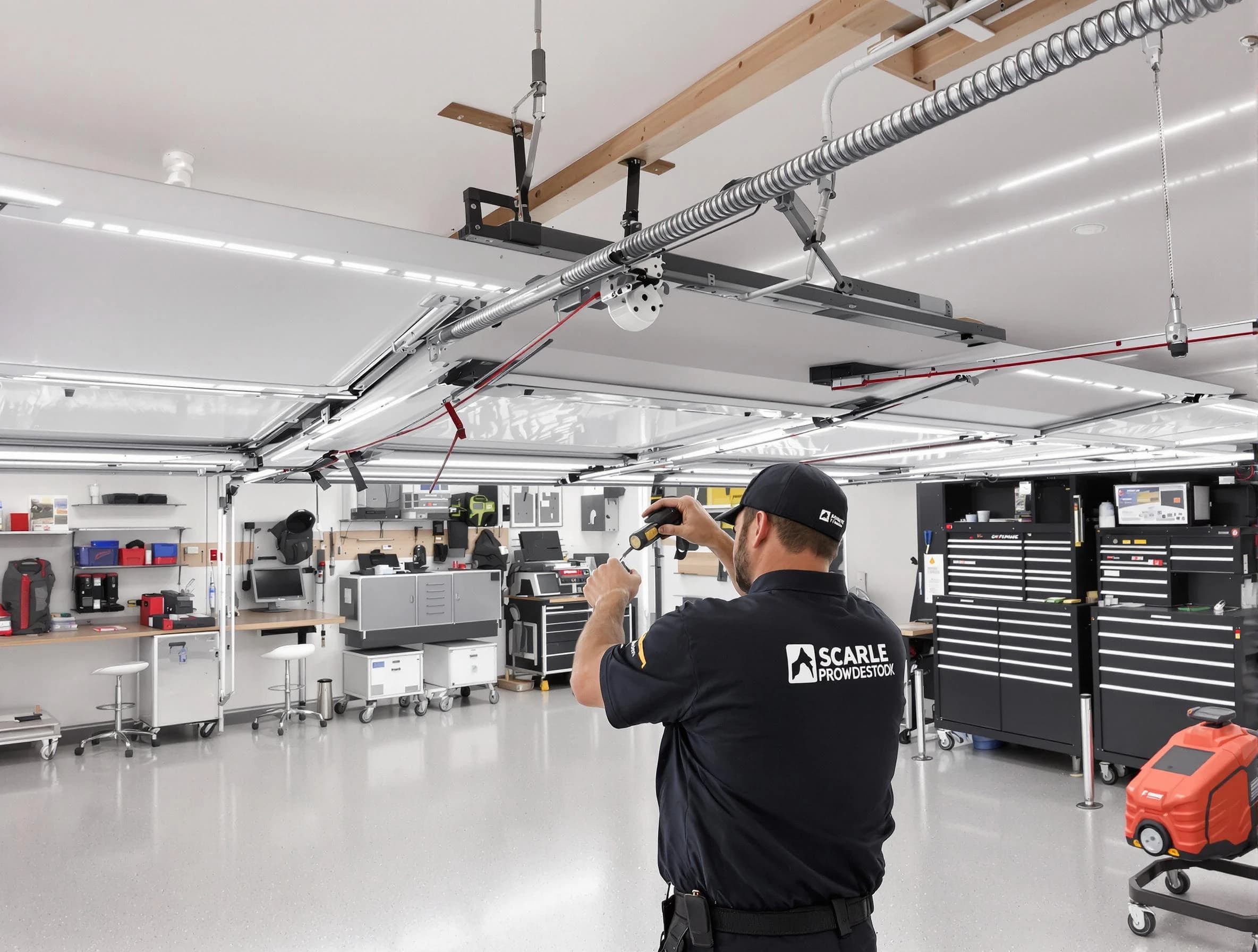 Roseville Garage Door Repair technician repairing overhead garage door in Roseville