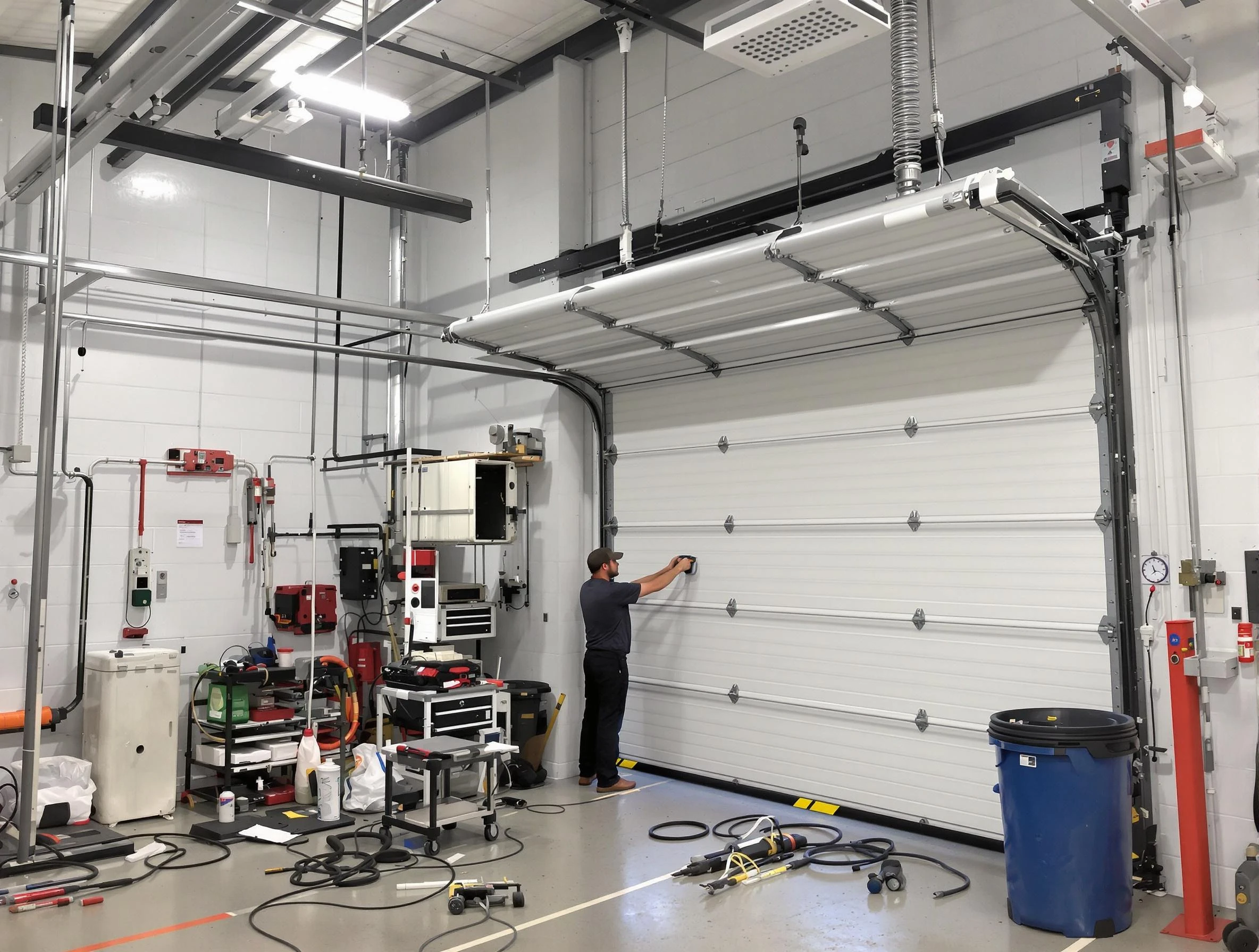 Roseville Garage Door Repair certified technician performing commercial door repair at a Roseville business facility