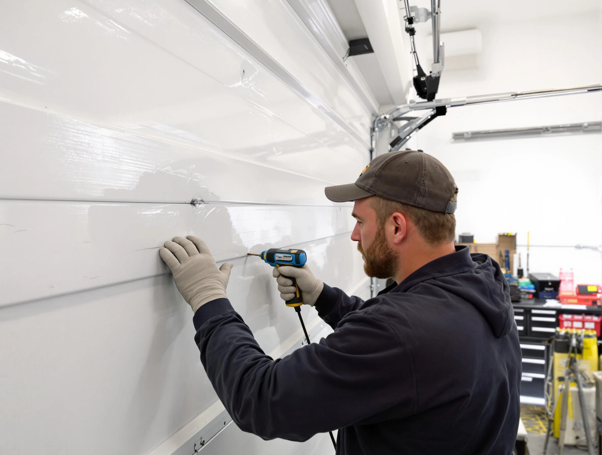 Roseville Garage Door Repair technician demonstrating precision dent removal techniques on a Roseville garage door