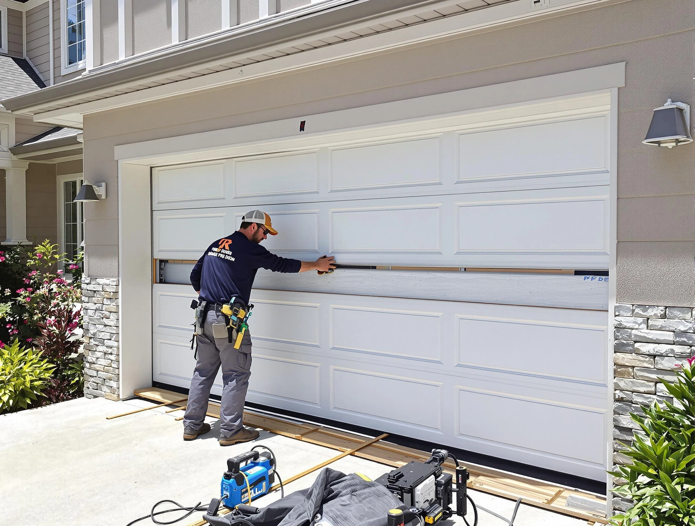 Roseville Garage Door Repair team performing complete garage door replacement at Roseville residence