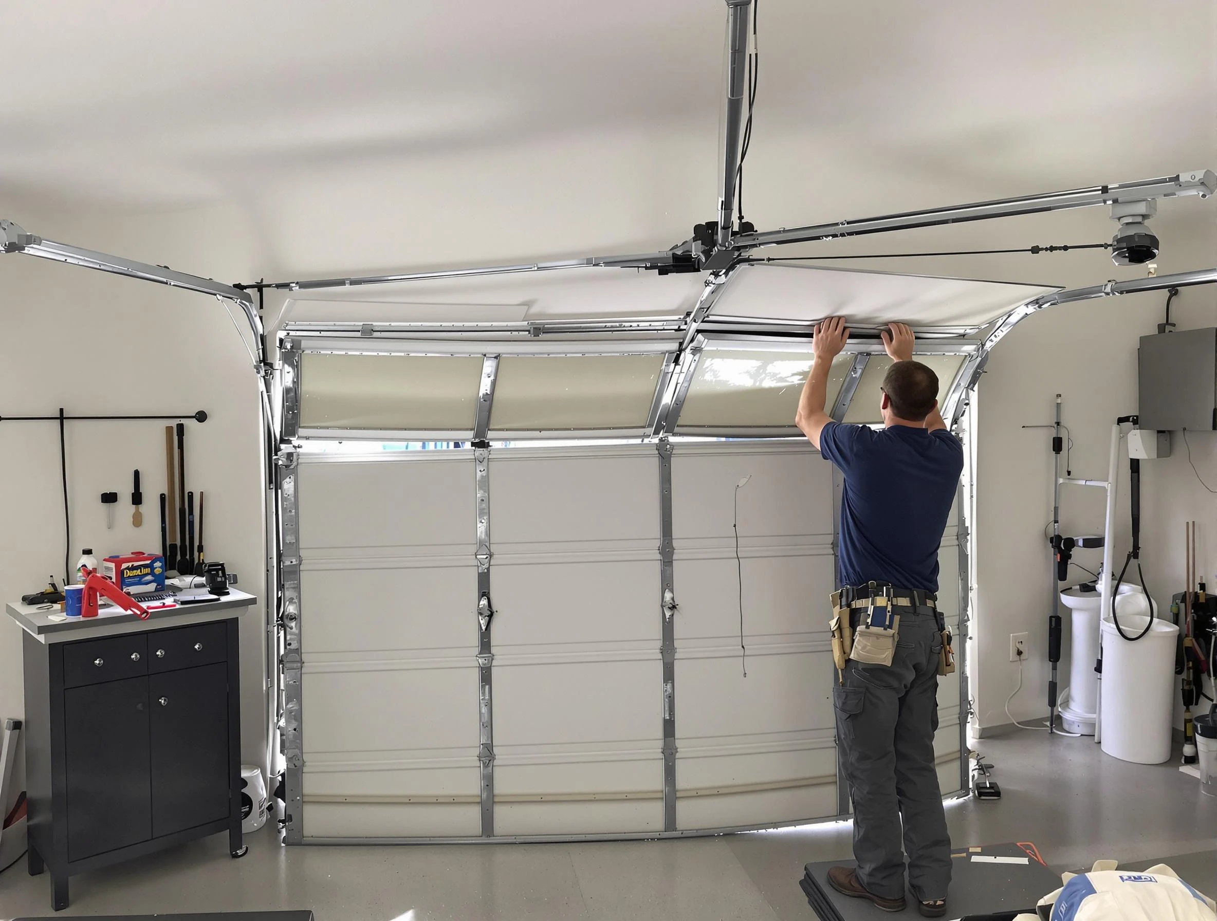 Roseville Garage Door Repair specialist performing precise section replacement on Roseville garage door