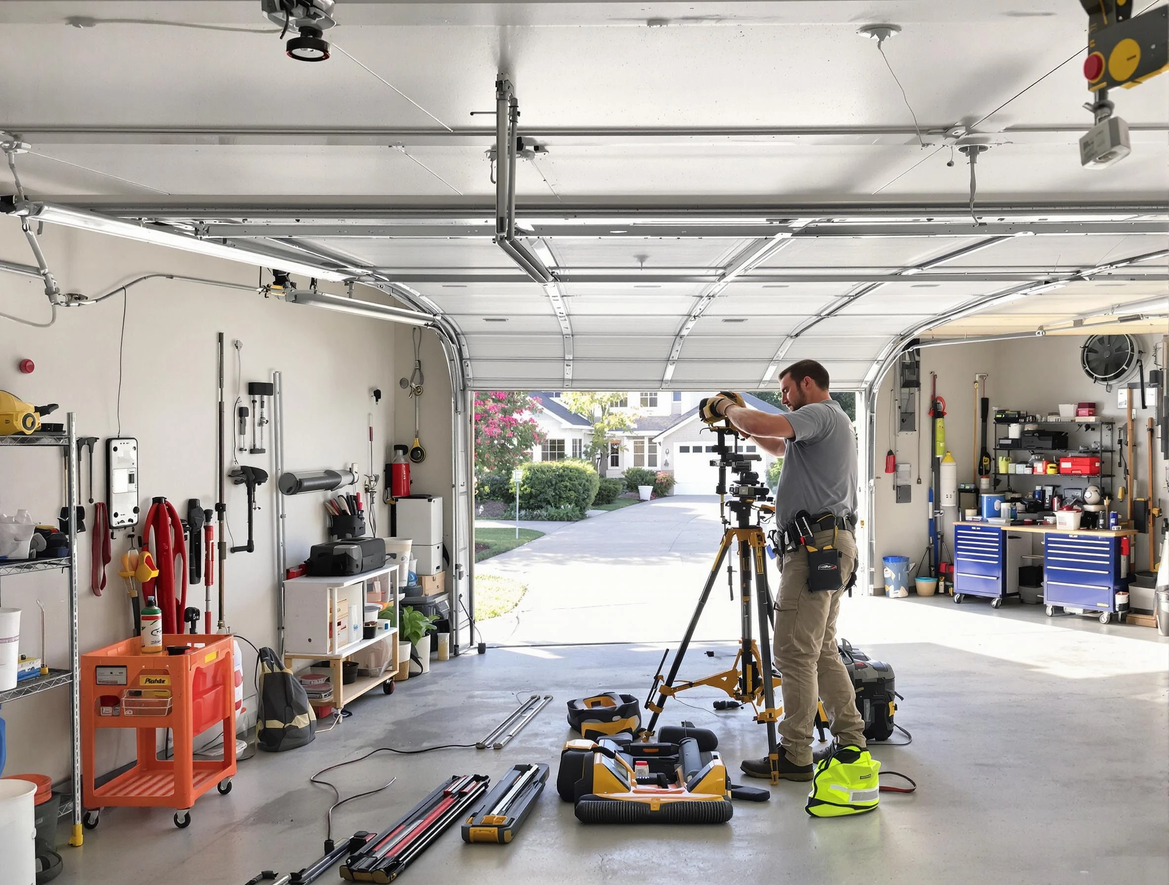 Roseville Garage Door Repair specialist performing laser-guided track alignment in Roseville